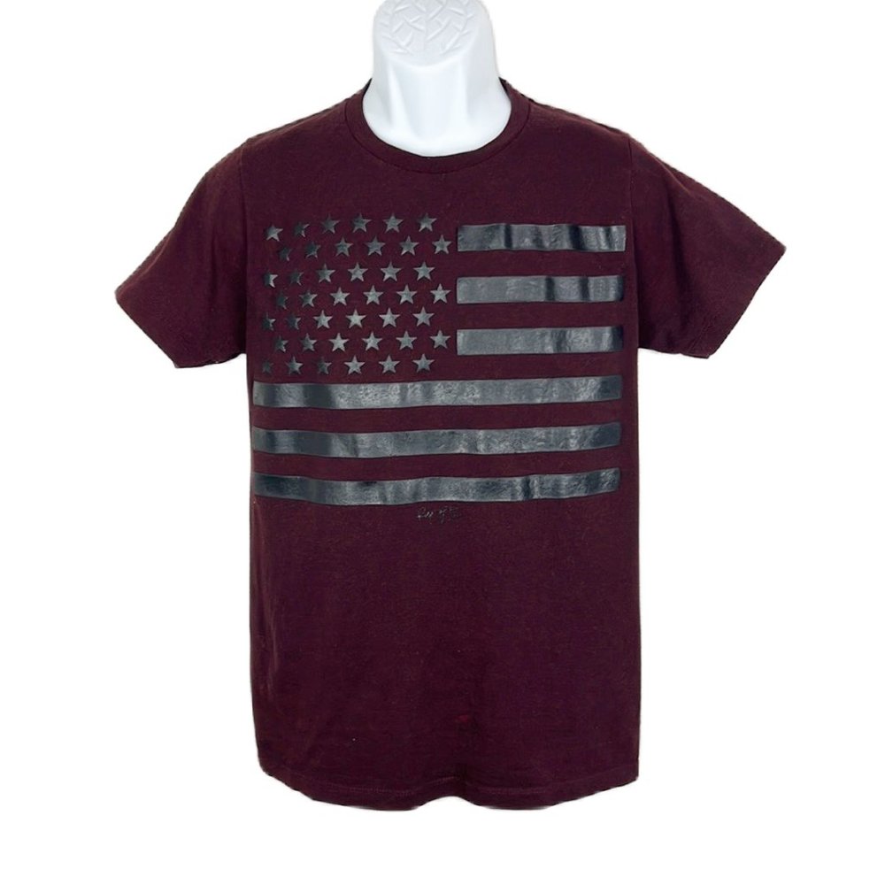 Ring of Fire Shirt Men Small Burgundy Short Sleeve Black USA Flag Adult Casual